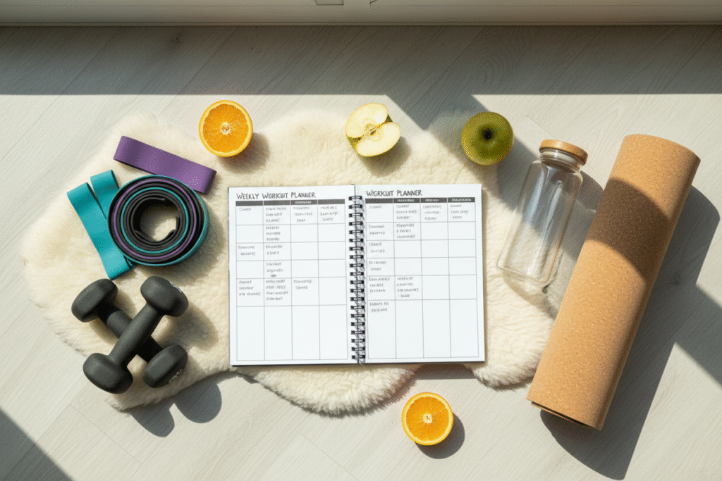 Weekly workout planner with dumbbells and yoga mat for a 7-day weight loss plan