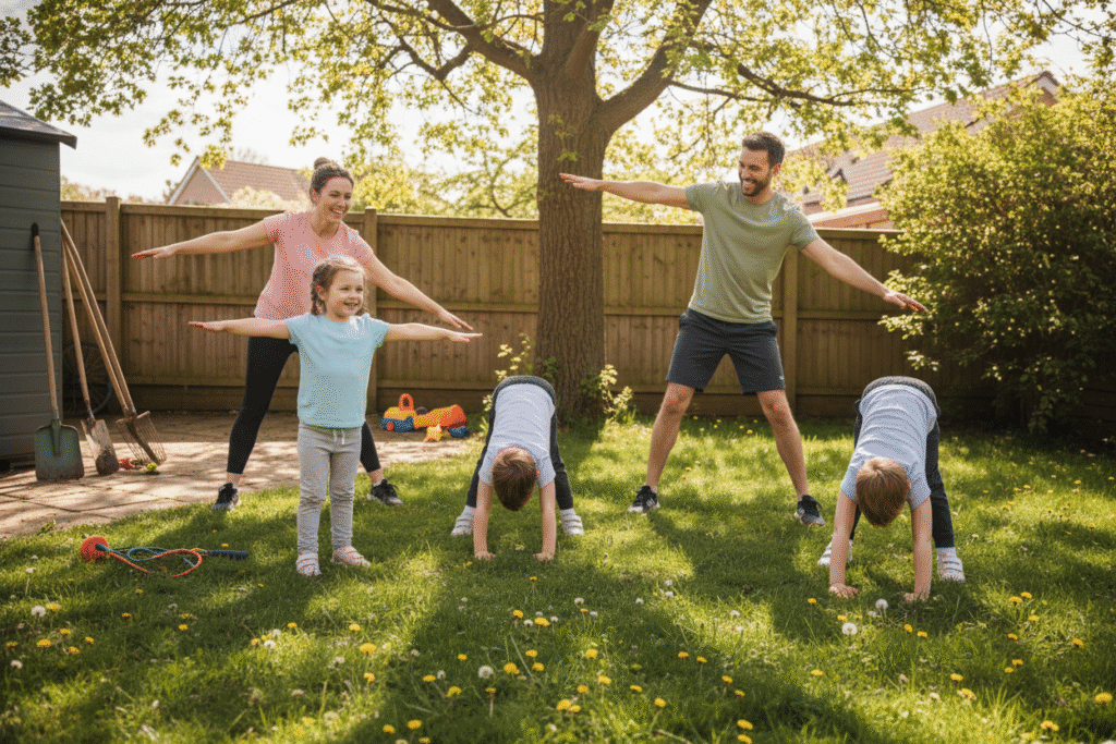 Family stretching and exercising outdoors to improve physical health