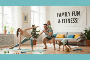 Happy family exercising together at home, parents doing light workouts while kids join playfully, promoting bonding, health, and fitness