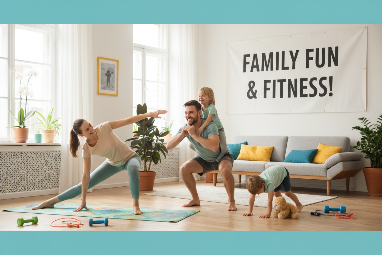 Happy family exercising together at home, parents doing light workouts while kids join playfully, promoting bonding, health, and fitness