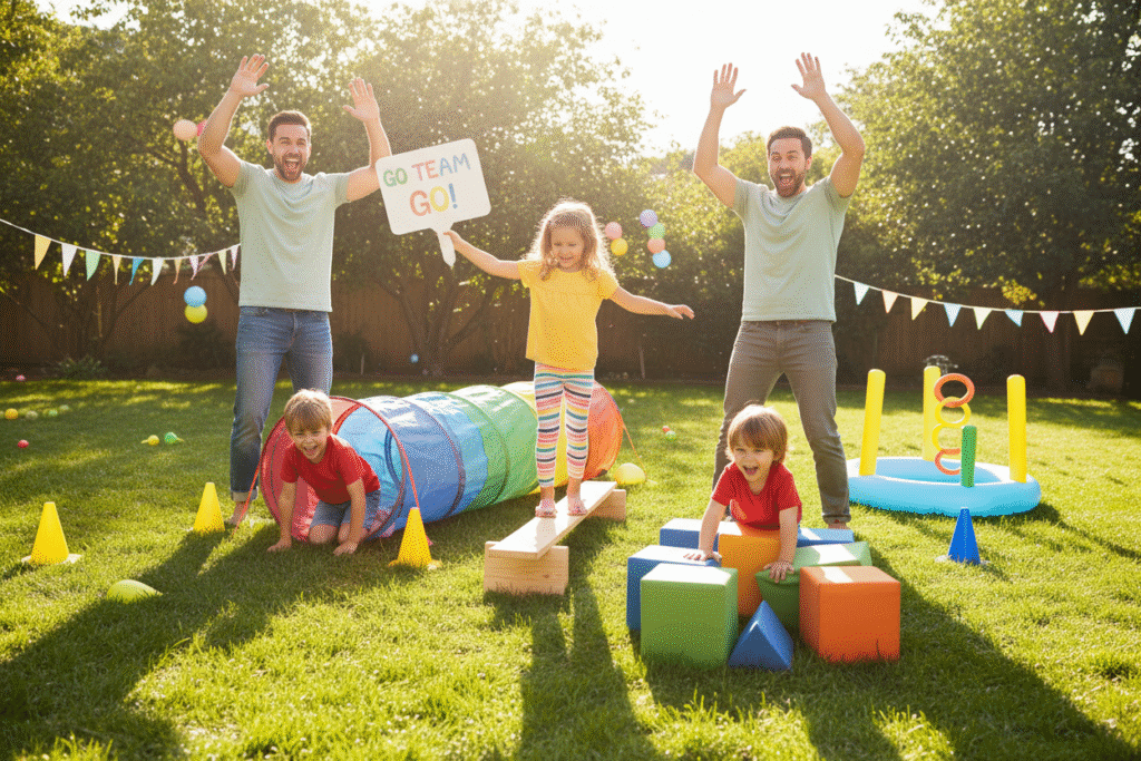 Family enjoying a mini obstacle course challenge at home