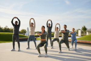 Diverse group doing healthy fitness activities indoors and outdoors for better wellness.