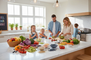 Fresh plant-based meal ingredients prepared in a bright kitchen for health and fitness