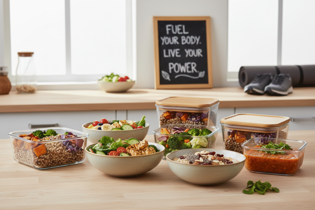 Well-balanced plant-based meal with vegetables, legumes, whole grains, and fruits arranged neatly for optimal fitness and nutrition.