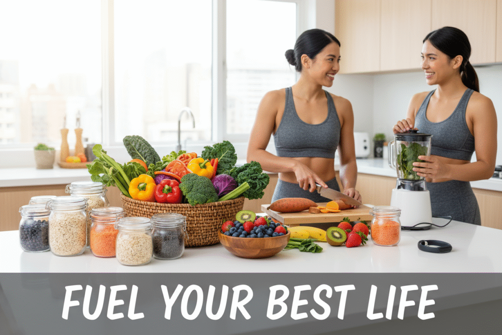 Balanced plant-based meal prep with fresh vegetables, legumes, and whole grains, promoting optimal fitness and nutrition.