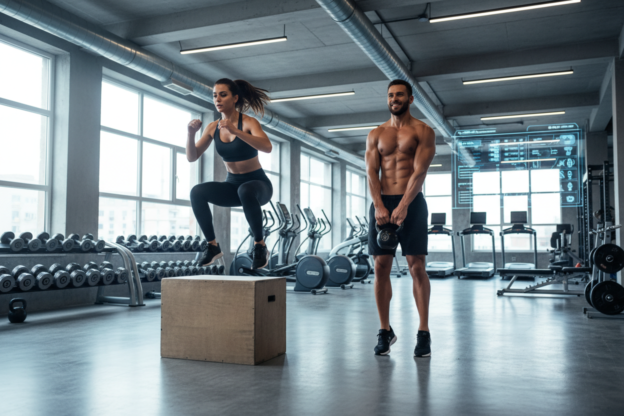 People doing a weight loss workout in a modern gym for fat burning and fitness